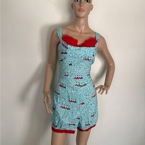 Ains & elke pinup play suit can can dancer Light Blue & Red Romper